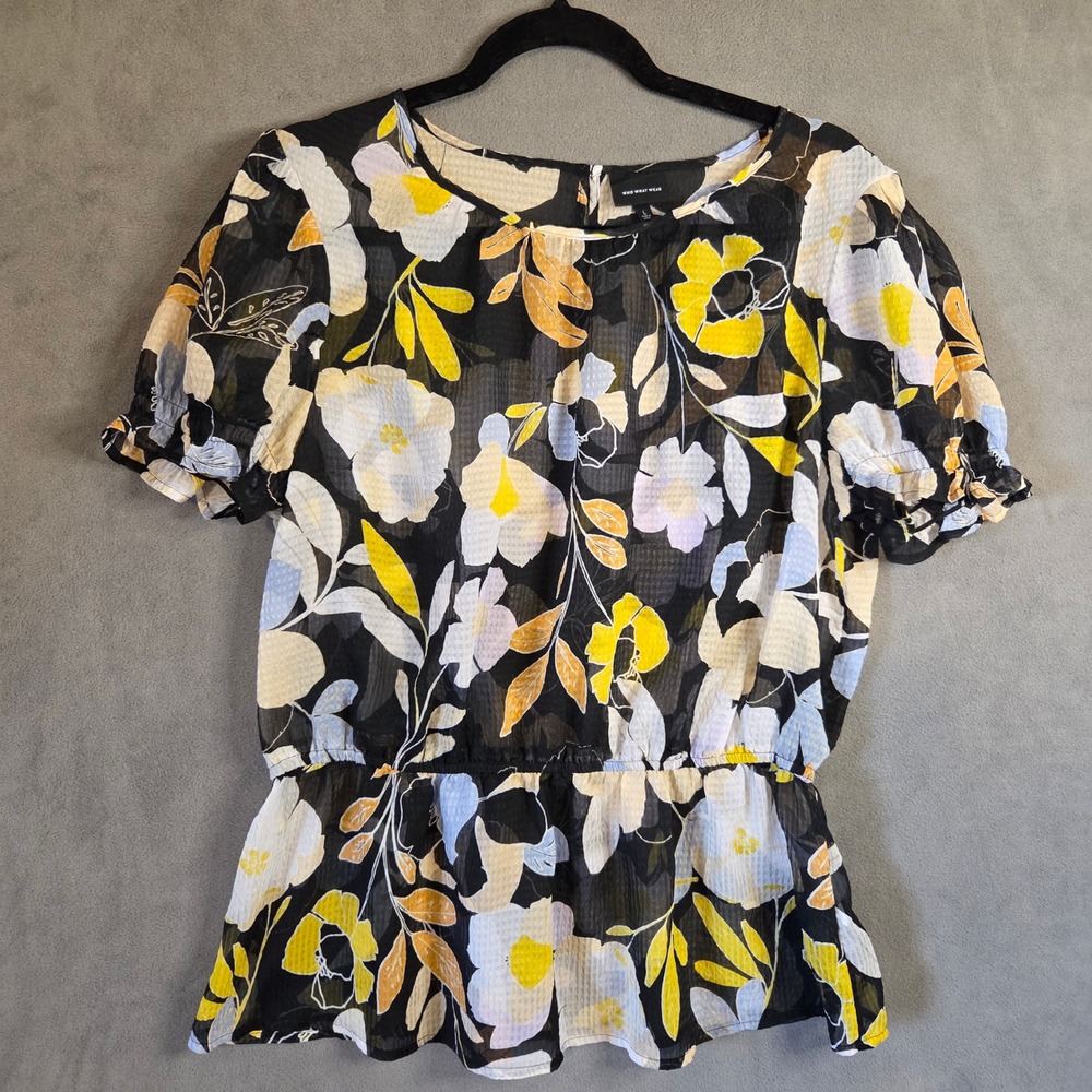 Cottagecore Floral Peplum Top Women's Large Sheer Puff Sleeve Boho Whimsical